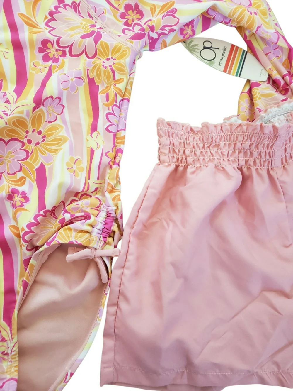 OP Orchid Pink Floral Long-Sleeve One-Piece with Pink Swim Shorts